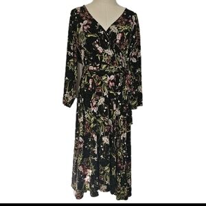 Leota Faux Wrap Women’s 1X Black Floral 3/4 Sleeve Fit & Flare V Neck Midi Dress